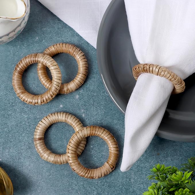 Woven Napkin Rings Set of 12 - Handmade Rattan Napkin Holders for Farmhouse Table Décor, Rustic Holiday Dining, Wedding, Thanksgiving, Christmas & Everyday Use (Natural) - CLEENTABLE