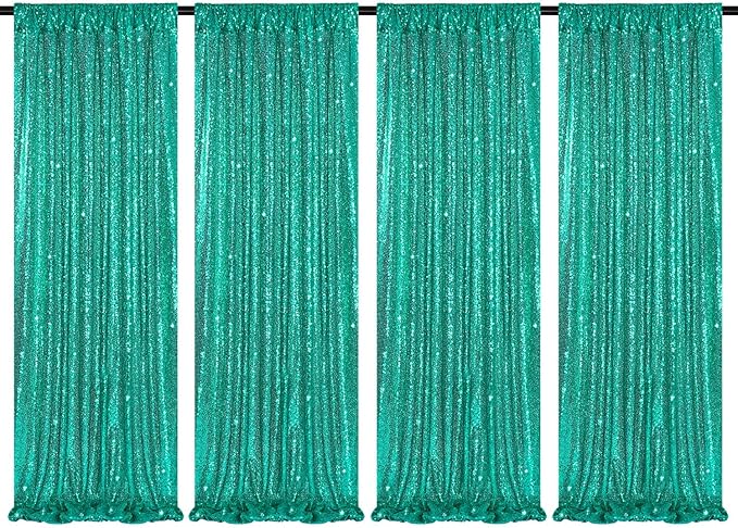 Backdrop Curtains for Mermaid Party Decor - 4 Panels 2FT x 8FT Lake Green Sequin Background Drapes for Wedding Bridal Birthday Party