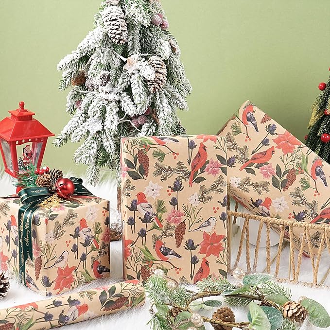 RUSPEPA Kraft Christmas Wrapping Paper Roll, Mini Roll, Watercolor Bird and Botanical Design with Flowers & Pinecones, Kraft Gift Wrap for Women, Friends, Holiday, Winter Party, 17 Inches x 16.4 Feet