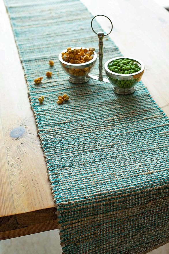 Chardin home Natural Jute Table Runner 13x72 Inch – Vintage Boho Rustic Table Decor – Handwoven Table Runner in Natural Jute and Aqua Turquoise – Farmhouse Dining or Console Table Accent