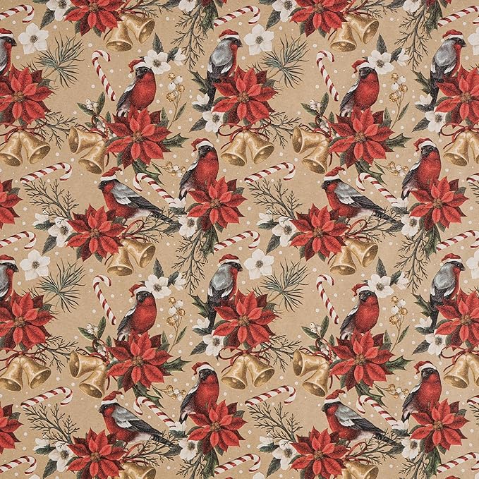 RUSPEPA Kraft Christmas Wrapping Paper Roll, Mini Roll, Cardinal Bird, Poinsettia, Golden Bell and Candy Cane Design, Vintage Kraft Gift Wrap for Women, Family, Xmas Holiday, 17 Inches x 16.4 Feet