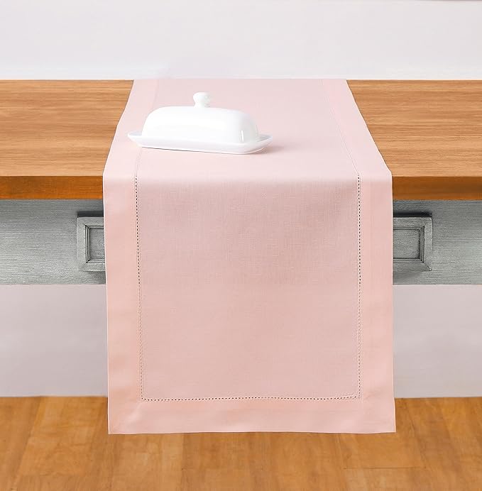 Solino Home Pink Hemstitch Table Runner 48 Inches - Cotton Linen Small Table Runner 14 x 48 Inch Ideal for Dresser and Coffee Tables - Fall, Autumn, Halloween, Thanksgiving, Christmas