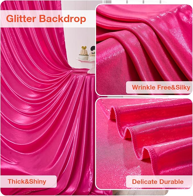 10x10FT Glitter Hot Pink Backdrop Curtain for Parties, Wrinkle Free Thick Fuchsia Sequin Backdrop, 2 Panels 5x10FT Shimmer Photo Back Drop Drapes for Barbie Party Wedding Photography Background