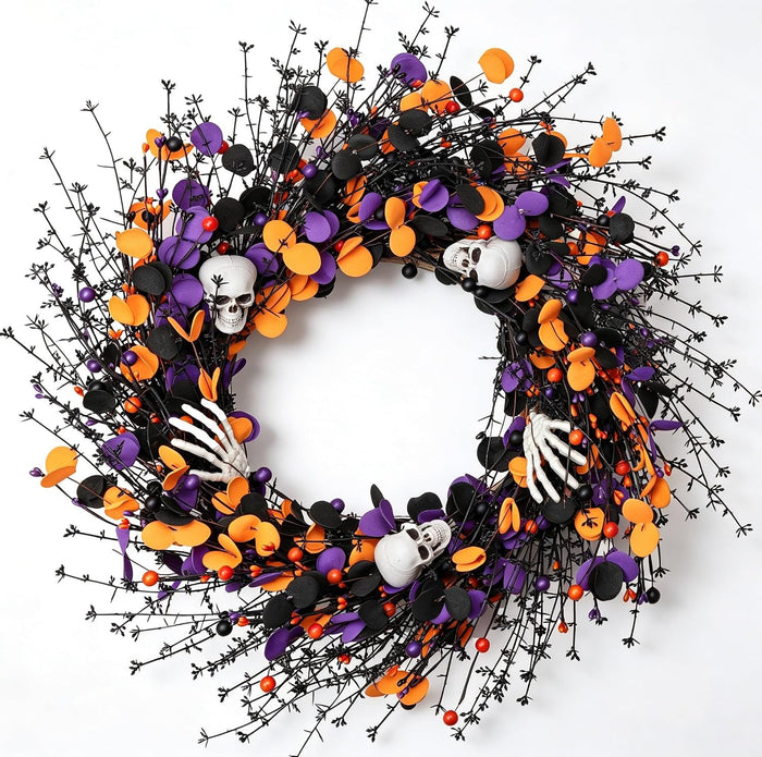 zjlmit Halloween Wreath 24 Inch Halloweeen Wreaths for Front Door Handmade Skull Wreaths with White Skeleton Hand Black Eucalyptus Leaves Orange Berries for Window Porch Indoor Party Holiday Wall Home