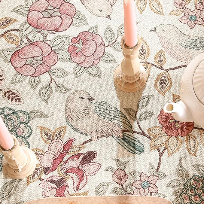 patdrea Designer Pink Linen Table Cloth for Rectangle Table,Vintage Floral with Birds Pattern Decorative Tablcloth,French Table Cover for Kitchen Dining,Thanksgiving,Christmas,63"x87"-Kulom a