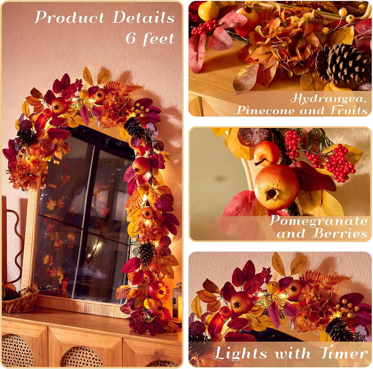 decorbyhannah 6ft fall garland for mantle with lights showing dimensions
