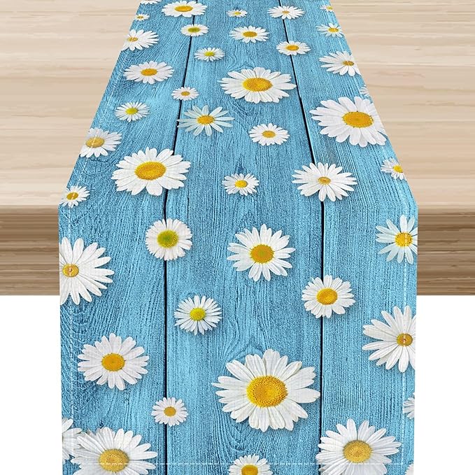 Daisy Floral Table Runner, Spring Seasonal Summer Wild Flower Rustic Country Farmhouse Table Center Decor for Home Kitchen Dining Patio Holiday Party Indoor Outdoor Table Decorations, 13"x72" Inch