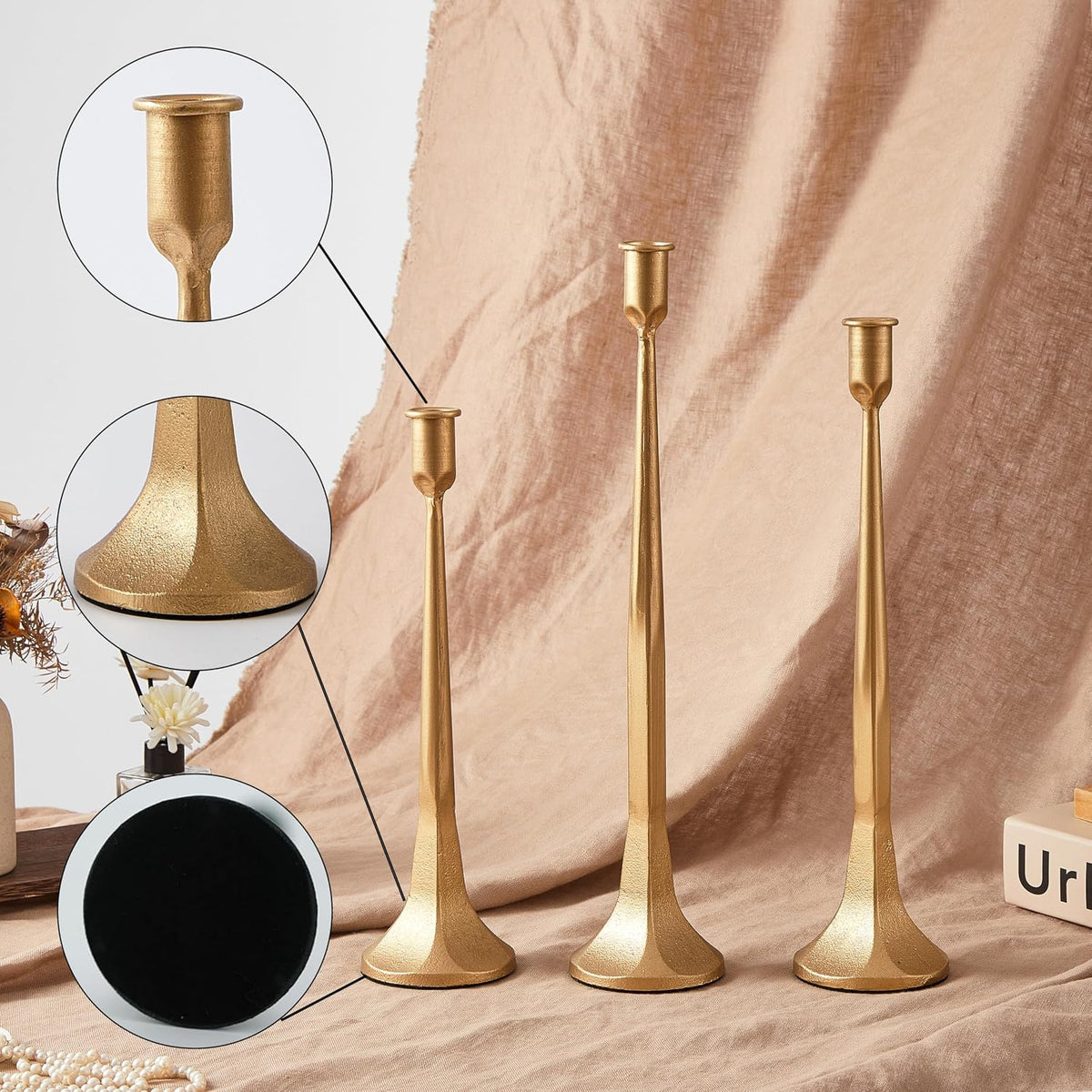 Denique Iron Taper Candle Holder Set of 3, Gold Candlestick Holders Decorativ...