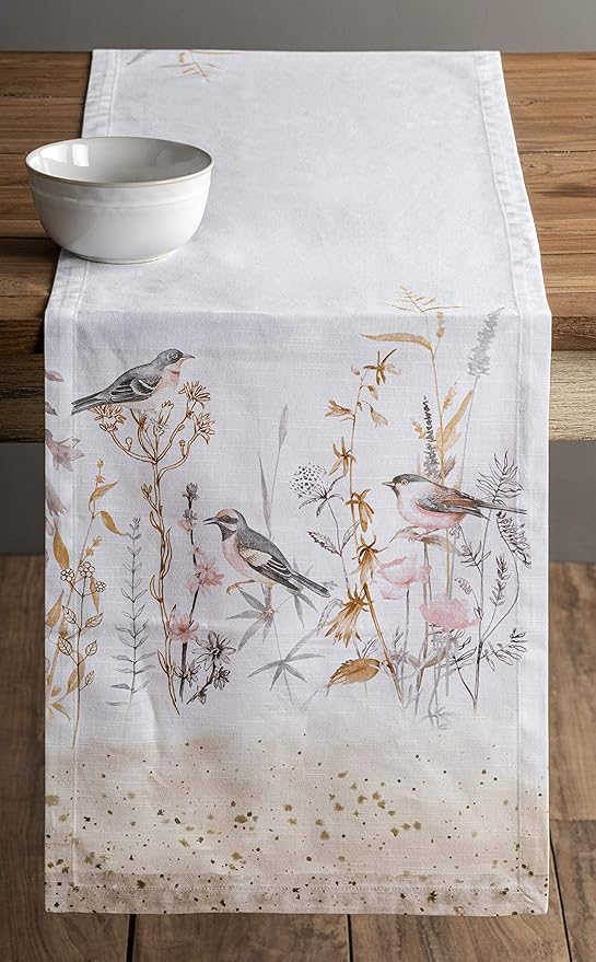 Maison d' Hermine Table Runner 100% Cotton Single Layer Table Runners 108 inches Long Decorative for Home Dining Party Wedding Bridal Shower Spring Summer (Meadow Florals - Beige, 14.50" x 108")