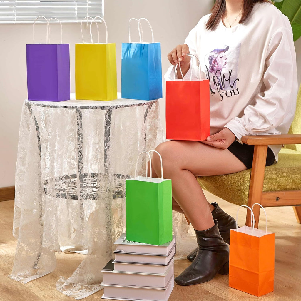 SUNCOLOR 24-Pack Rainbow Gift Bags with Handles, 8" Multi-Color Paper Party Favor Bags for Goodies. Birthdays, Events, Classrooms & Celebrations