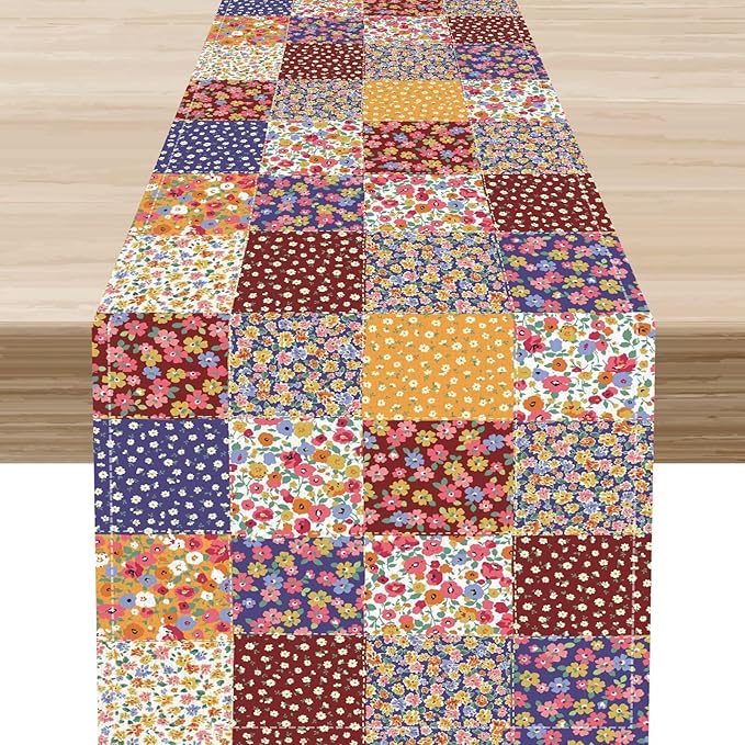 Patchwork Table Runner, Boho Vintage Floral Checkered Plaid Bohemian Paisley Flower Farmhouse Table Center Decor for Home Kitchen Dining Patio Holiday Party Indoor Table Decorations, 13"x108" Inch