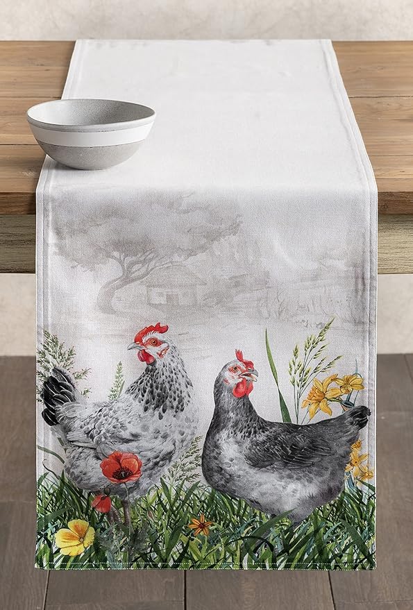 Maison d' Hermine Table Runner 100% Cotton Double Layer Table Runners 108 inches Long Decorative for Home Kitchen Dining Party Wedding Bridal Shower Spring Summer (Basse Cour, 14.50" x 108")