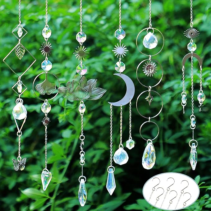 Sun Catchers, 6 Pieces Colorful Suncatchers Decorative Hanging Clear Crystal Prism Rainbow with Silver Moon Sun Metal Forms Suncatcher Kit for Window Indoor Outdoor Car Mirror Decor Xmas Gift