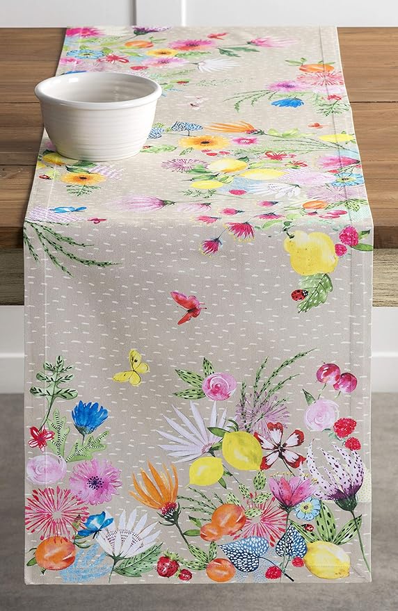 Maison d' Hermine Table Runner 100% Cotton Single Layer Table Runners 72 inches Long Decorative for Home Kitchen Dining Party Wedding Bridal Shower Spring Summer (Jardin D'Ete - Fog, 14.50" x 72")