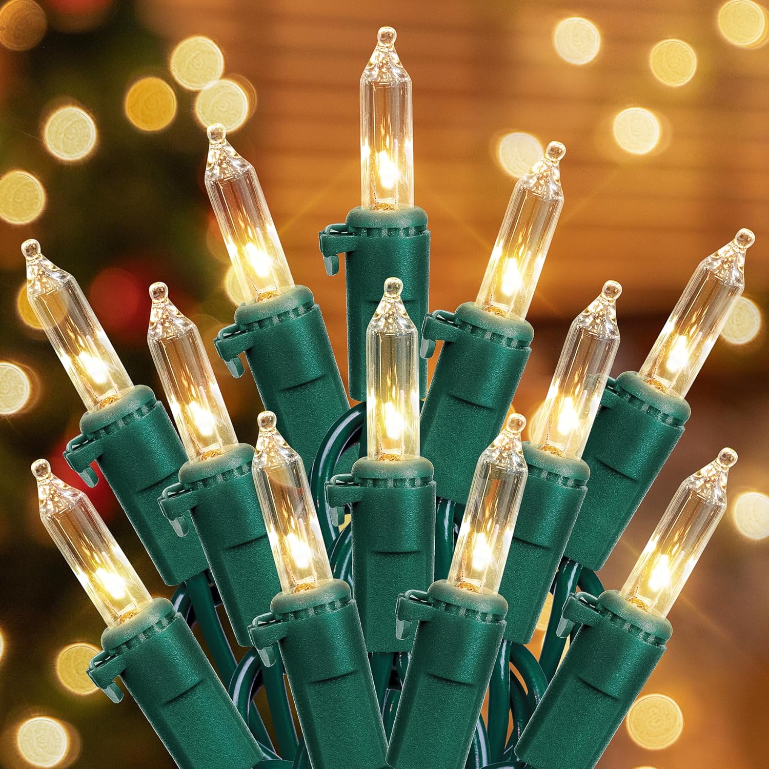Hopolon 2 Pack Warm White Christmas Lights, 50-Count Green Wire | 13FT incandescent mini light with clear bulbs, plug in 120V, connectable for Christmas tree, wedding, bedroom, porch decor