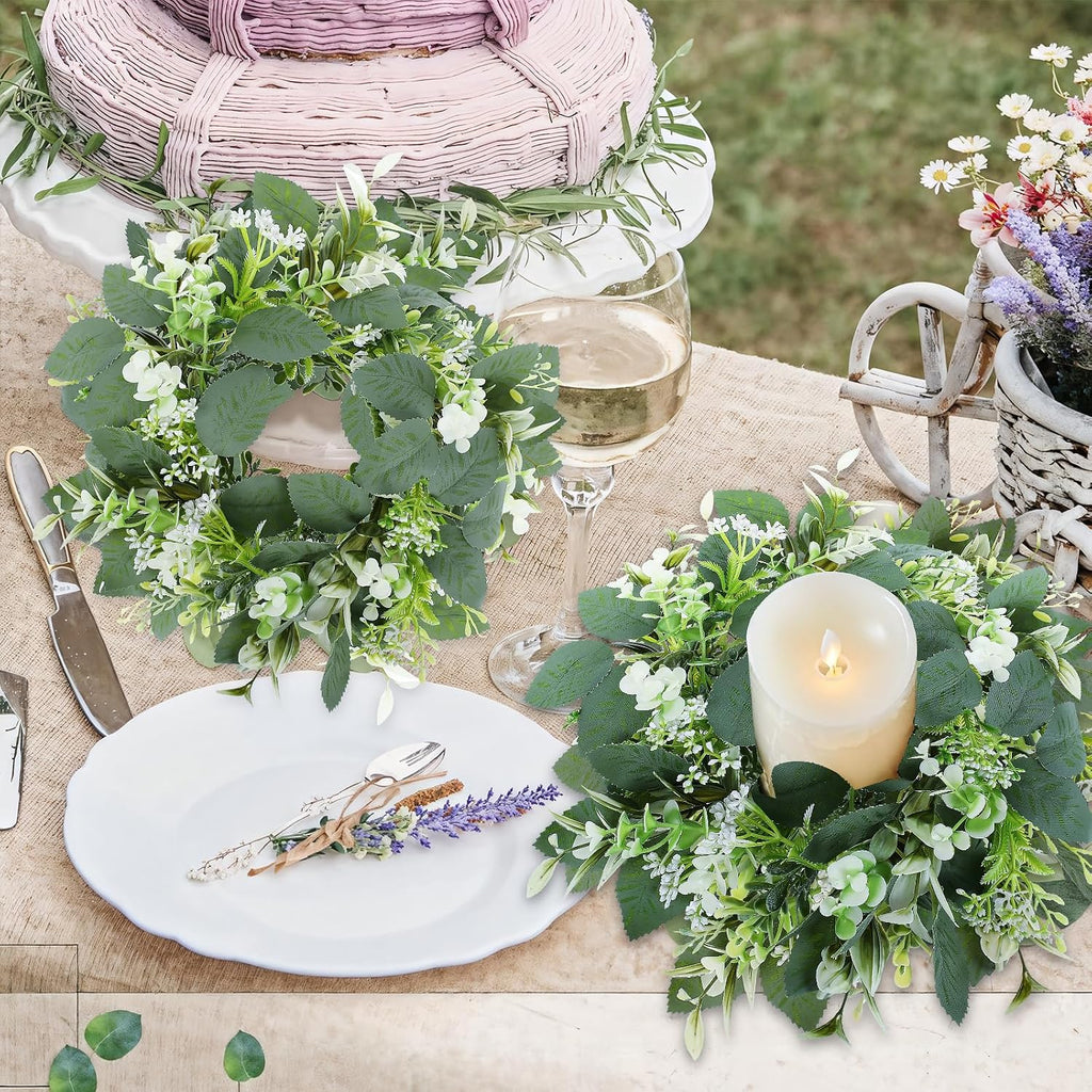 6 Pcs Artificial Eucalyptus Candle Rings Wreaths, 9 Inch Small Eucalyptus Wreath with Baby Breath, Greenery Candle Wreath Rings for Pillar Candle Table Centerpieces Wedding Home Decor