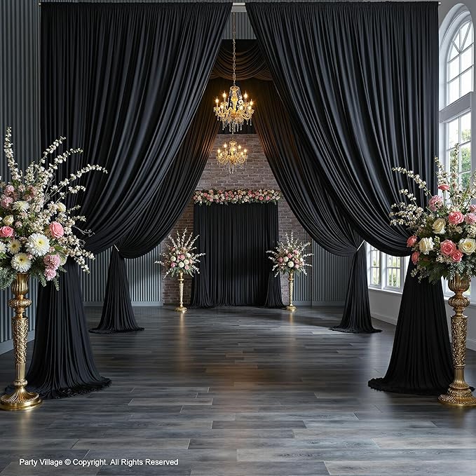 PartyVillage 20ft×15ft Black Backdrop Curtain for Halloween Parties, 4 Panels Wrinkle Free 15 FT Long Polyester Photo Backdrop Drapes Back Drop Cloth for Birthday Photography Background