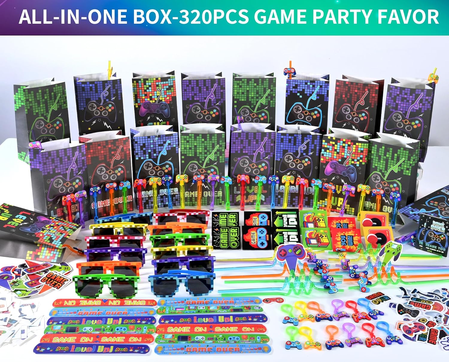 PLOUGVI 320PCS Video Game Party Favors for Kids-Including Goodie Bags, Glasses, Straws, Bubble Wands, Stickers, Cake Toppers, Tattoos & More-Perfect for Theme Party Decorations & Piñata Fillers