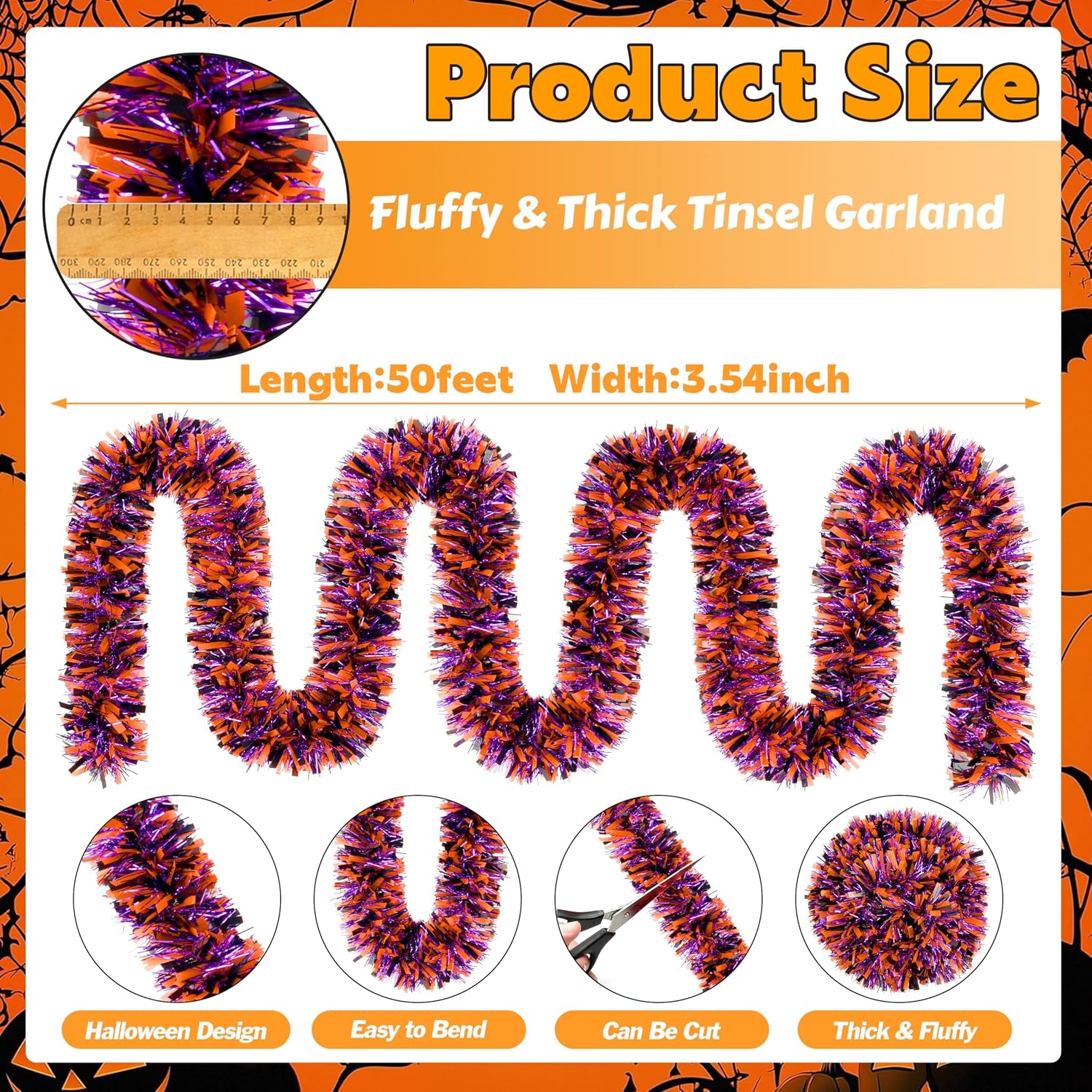 50 FT Halloween Tinsel Garland, Thick Glitter Hanging Streamers Black Orange Purple Mixed Color Metallic Tinsel Hanging Oranment for Halloween Party Supplies Indoor Outdoor Decoration