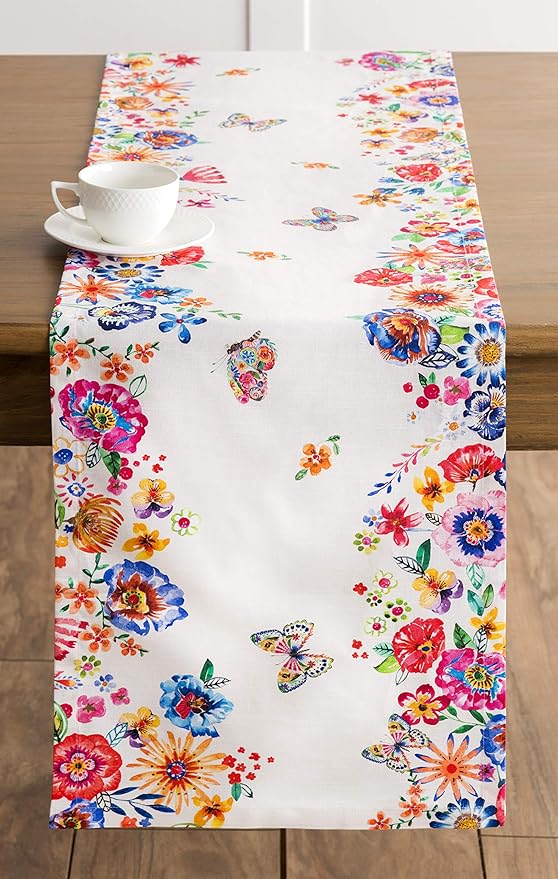 Maison d' Hermine Table Runner 100% Cotton Single Layer Table Runners 108 inches Long Decorative for Home Dining Party Wedding Bridal Shower Spring Summer (Happy Florals - High Summer, 14.50" x 108")