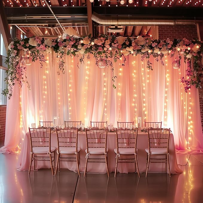Tulle Backdrop Curtain with Lights String 10FT X 8FT Peach Sheer Tulle Backdrop Curtains for Wedding Birthday Party Reception Photo Booth Background Decorations (2 Panels 5x8FT)
