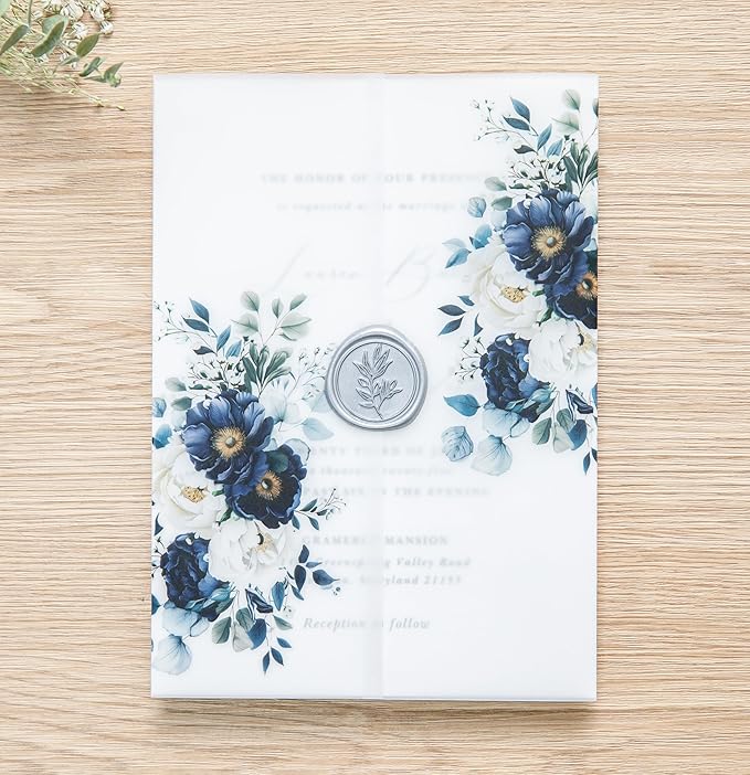 PONATIA 50PCS Vellum Jackets for 5x7 Invitation Cards- 135GSM Navy Blue Flowers Printed Wedding Invitations Wraps - Transparent Christmas Gift Cards