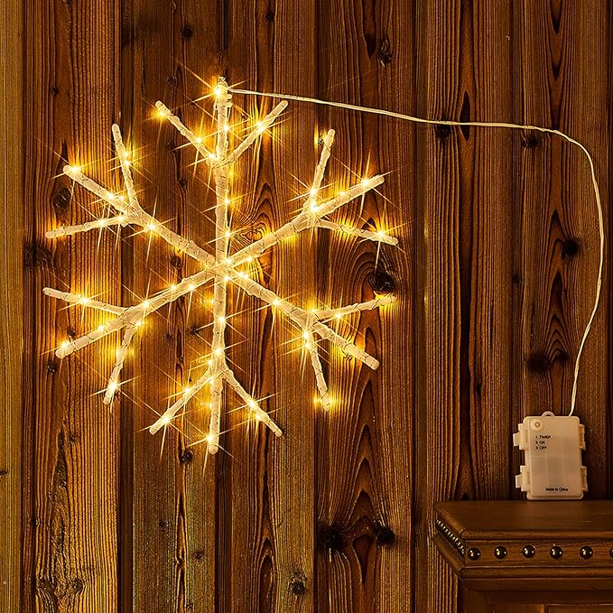 Fudios Lighted Snowflake LED Warm White Battery Operated with Timer 70L Fairy Lights 14in for Christmas Wall Window Winter Decoration Indoor Outdoor use