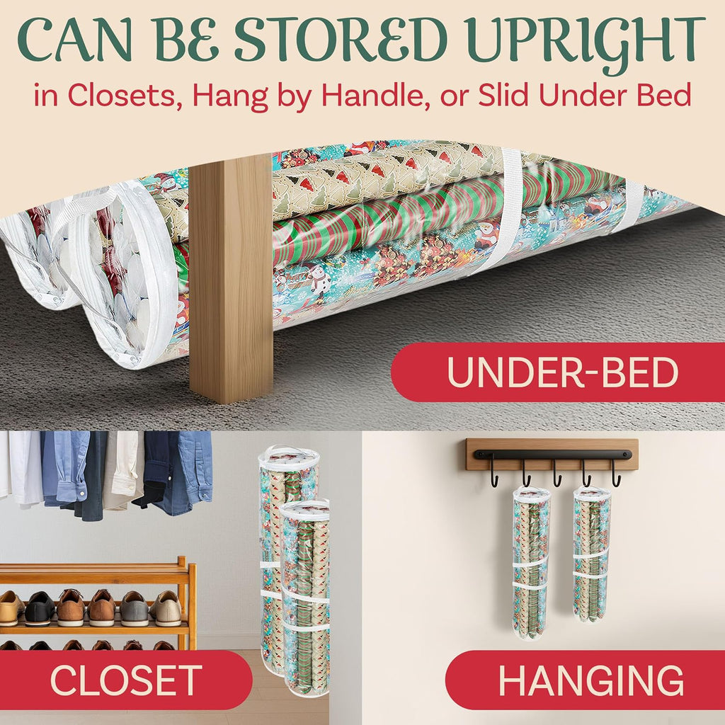 Elf Stor Gift Wrapping Paper Roll Storage Bags 31" and 40" long, Clear Totes with Handles, fits up to 25 pcs gift wrap paper roll in each bag