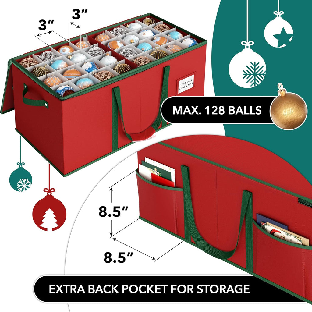 Simple Houseware Heavy-Duty Large Christmas Ornament Storage Box with Adjustable Dividers, Stores up to 128 Ornaments, Zipper Lid, Red