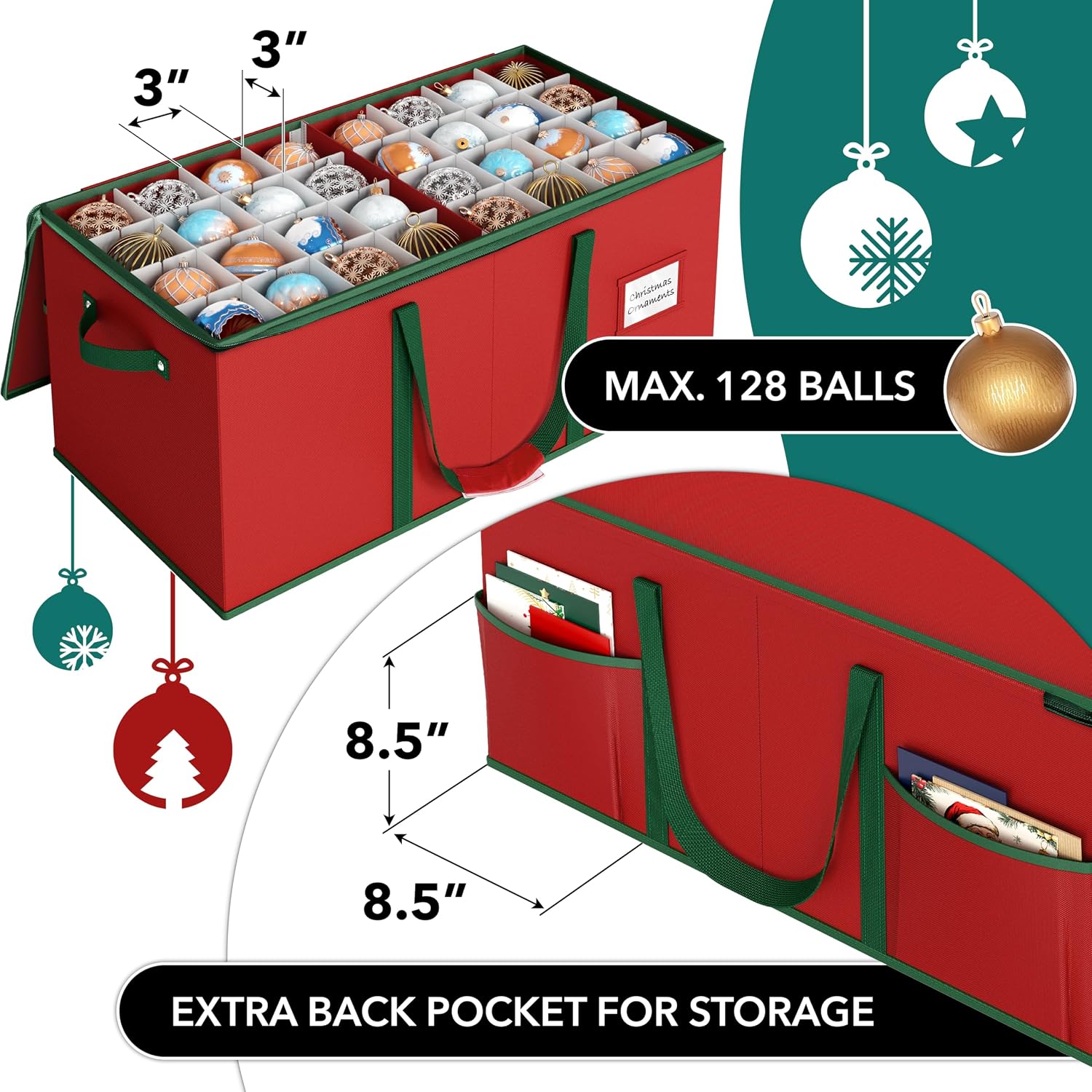 Simple Houseware Heavy-Duty Large Christmas Ornament Storage Box with Adjustable Dividers, Stores up to 128 Ornaments, Zipper Lid, Red