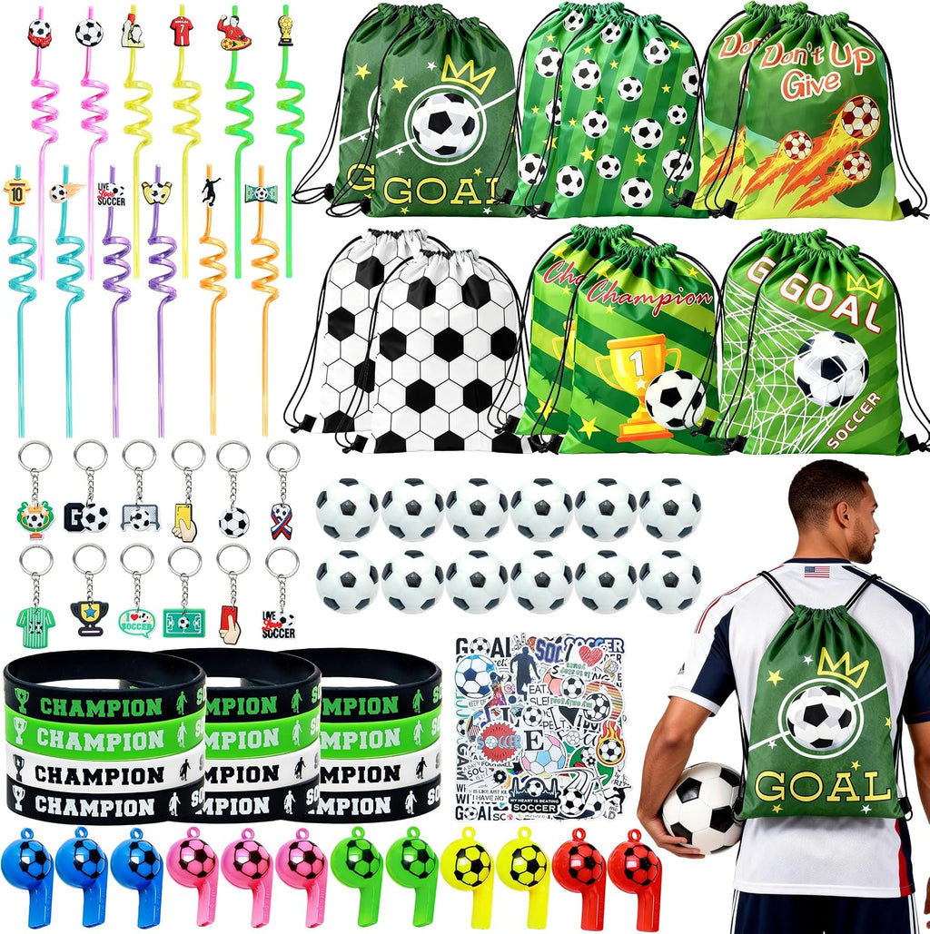 J6&H6 2026 Soccer Party Favors Soccer Goodie Bags Including 12 Soccer Drawstring Bags Stress-relieving Soccer Straws Keychains silicone Wristband and stickers for Soccer Party Gift. (soccer)