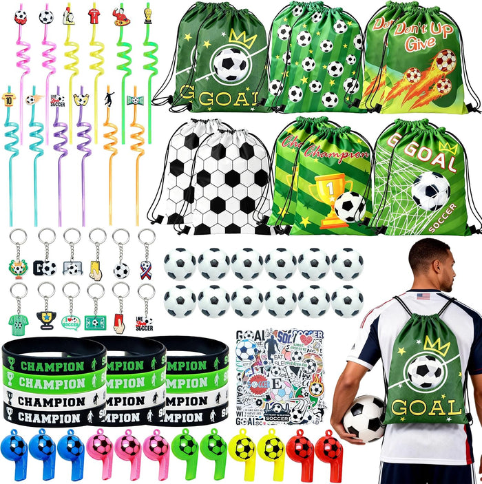 J6&H6 2026 Soccer Party Favors Soccer Goodie Bags Including 12 Soccer Drawstring Bags Stress-relieving Soccer Straws Keychains silicone Wristband and stickers for Soccer Party Gift. (soccer)
