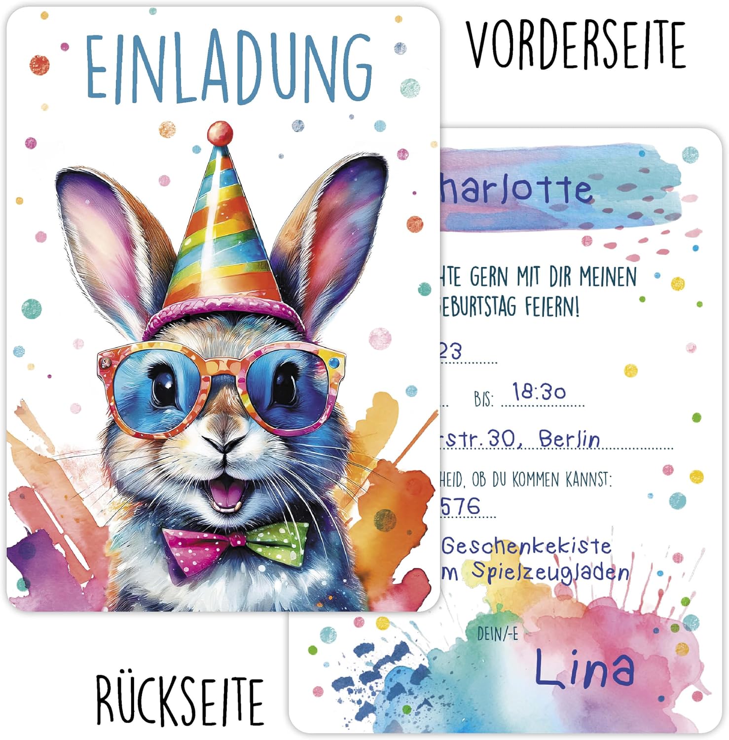 CALLUNA® Rabbit Glitter Invitation Cards Children's Birthday Girls – Pack of 12 – Funny Alpaca Birthday Invitations with Real Glitter Varnish – Invitation Cards Teenager Girls