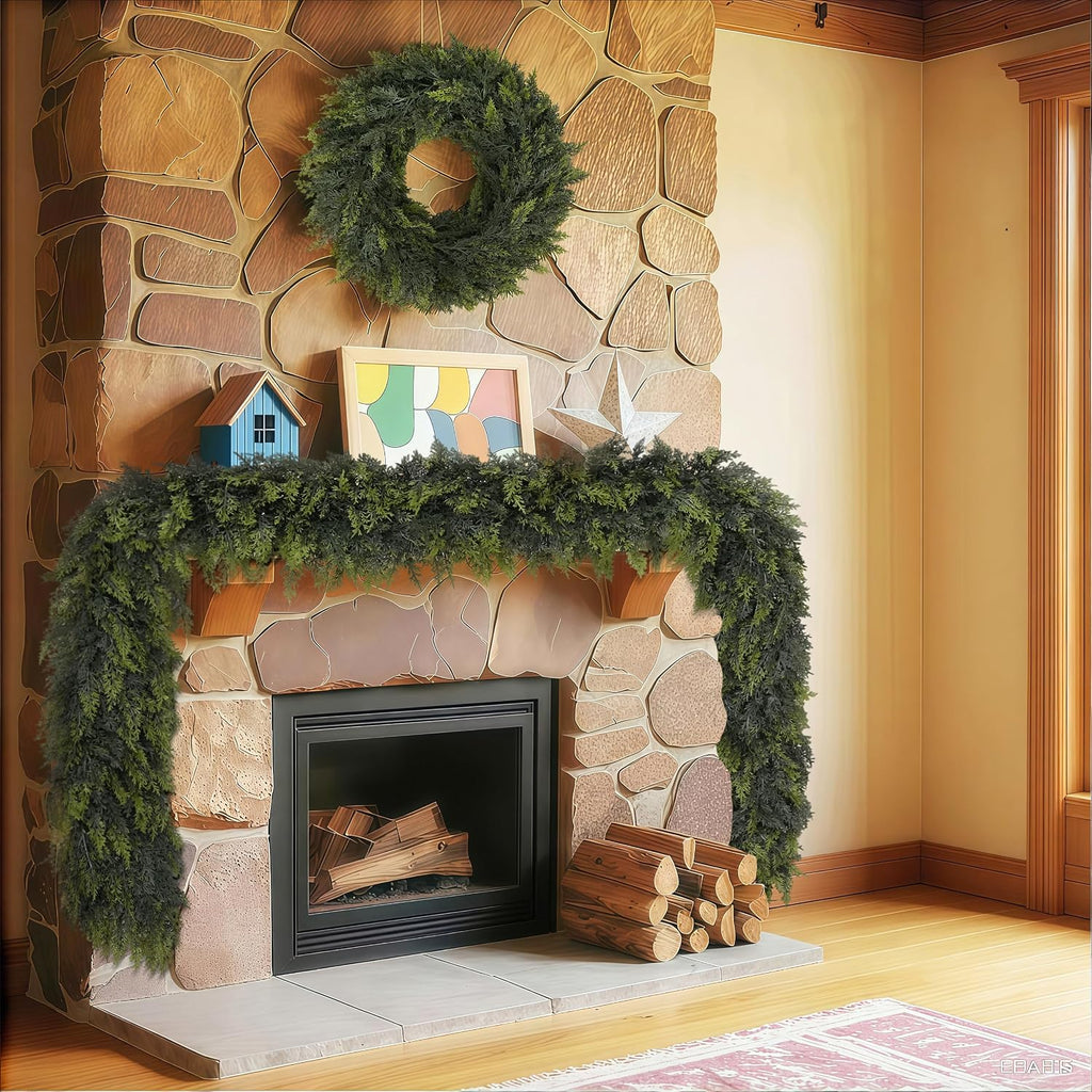 9ft christmas garland, real touch cedar garland on a desk or shelf