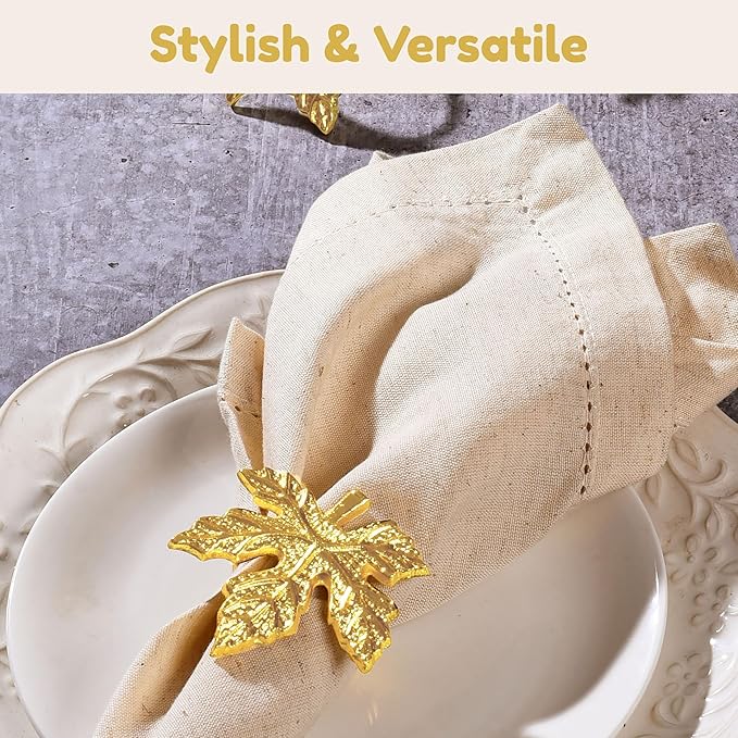 Elegant Handcrafted Leaf Napkin Rings - Set of 12 Premium Aluminum Holders for Dinner Parties, Weddings, Special Occasions & Everyday Dining (Gold) - CLEENTABLE
