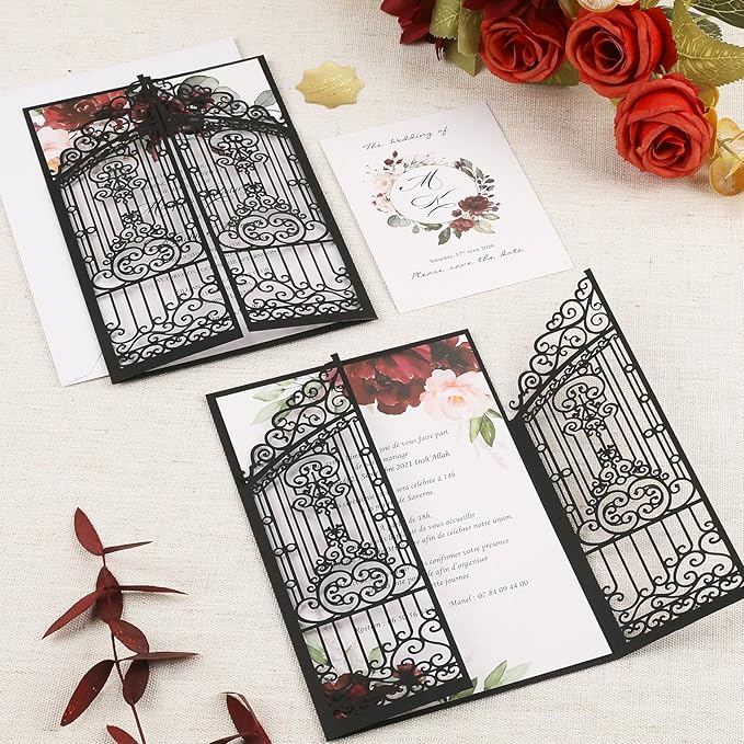 50Pcs Wedding Invitation Kit Black Fences Fold Laser Cut Invitation Pocket Personalized Wedding Card and Rsvp Card for Wedding Engagement Mermaid Birthday Party Invites