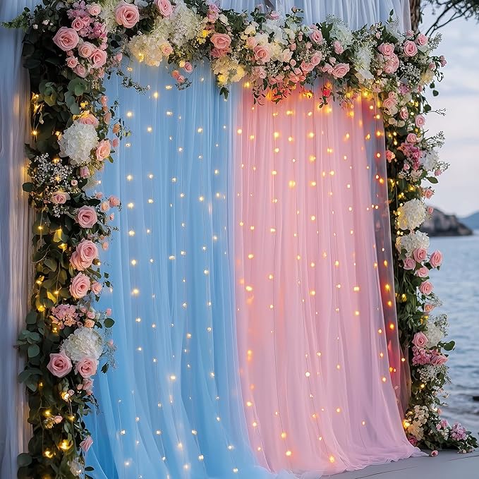 Tulle Backdrop Curtain with Lights String 10FT X 10FT Pink and Blue Sheer Tulle Backdrop Curtains for Wedding Birthday Party Reception Photo Booth Background Decorations (2 Panels 5x10FT)