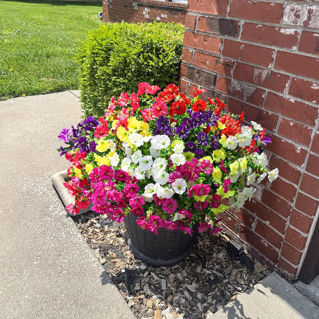 HyeFlora Artificial Flowers for Outdoors Fake Plants Outside Decoration, 12 Bundles Silk Colorful Morning Glory with Eucalyptus UV Resistant Realistic Faux Flowers for Planter Porch Patio Yard Garden
