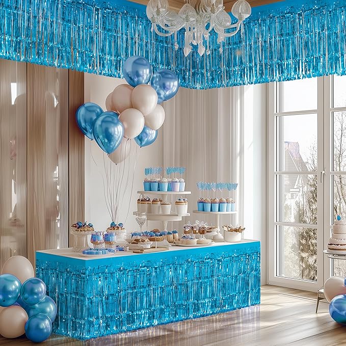 2 Pack Lake Blue Table Skirts, 29x108" Metallic Foil Tinsel Fringe Table Skirts for Rectangle Tables Streamer Curtains Backdrop, Party Decorations for Birthdays Weddings Holidays