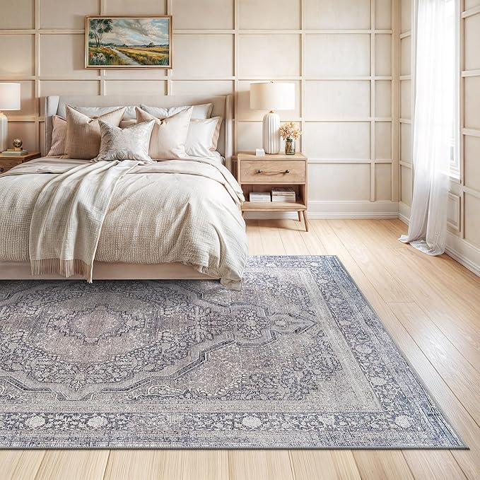 Bloom Rugs Washable Non-Slip 8' x 10' Rug - Blue/Steel Gray/Beige Traditional Medallion Area Rug for Living Room, Bedroom, Dining Room, and Kitchen - Exact Size: 8' x 10'