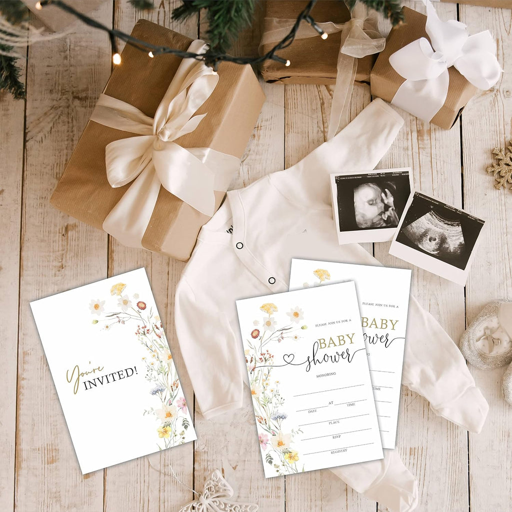 TPYEN Boho Wild Flower Baby Shower Invitations, Baby Shower Fill-In Invitation Cards With Envelopes - Gender Reveal Party Decorations & Supplies-B02