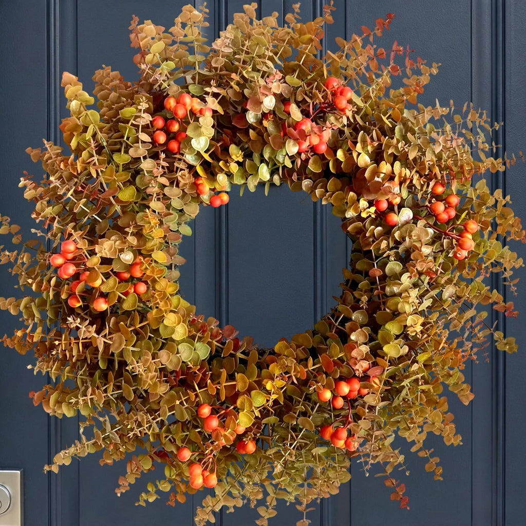 26" autumn fall eucalyptus wreath, front door burnt, package contents