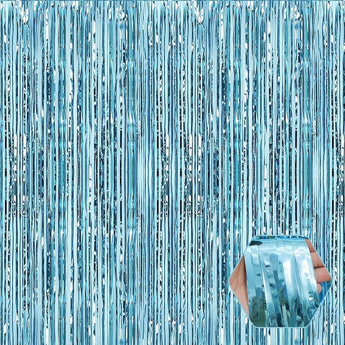 6 Pack Light Blue Foil Fringe Curtain Backdrop, 3.28Ft x 8.2Ft Metallic Tinsel Foil Fringe Streamer Curtains for Photo Booth,Birthday, Christmas Day, New Year, Wedding Party Decorations