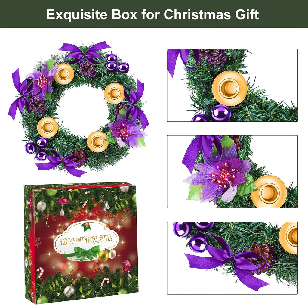 Fovths 12 Inch Christmas Advent Wreath Advent Candle Holder with 4 Flameless Taper Candles Remote Control Christmas Centerpiece Decorations for Christmas Home Church, Purple