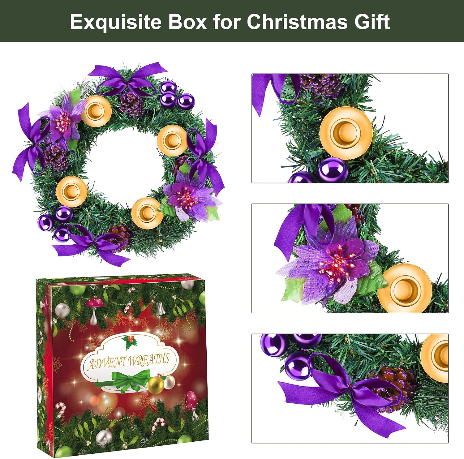 Fovths 12 Inch Christmas Advent Wreath Advent Candle Holder with 4 Flameless Taper Candles Remote Control Christmas Centerpiece Decorations for Christmas Home Church, Purple