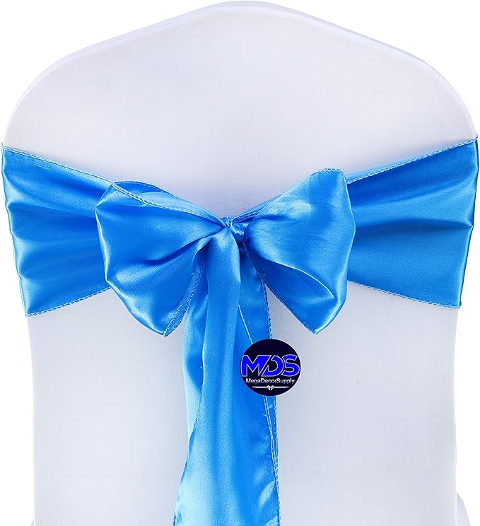 MDS Pack of 200 PCS Satin Chair Sashes Charmeuse Sateen Dining Chair Bows Ribbon Ties Back Sash for Wedding Party Birthday Home Hotel Restaurant Banquet Decoration (7 x 108 Inch, Blue)