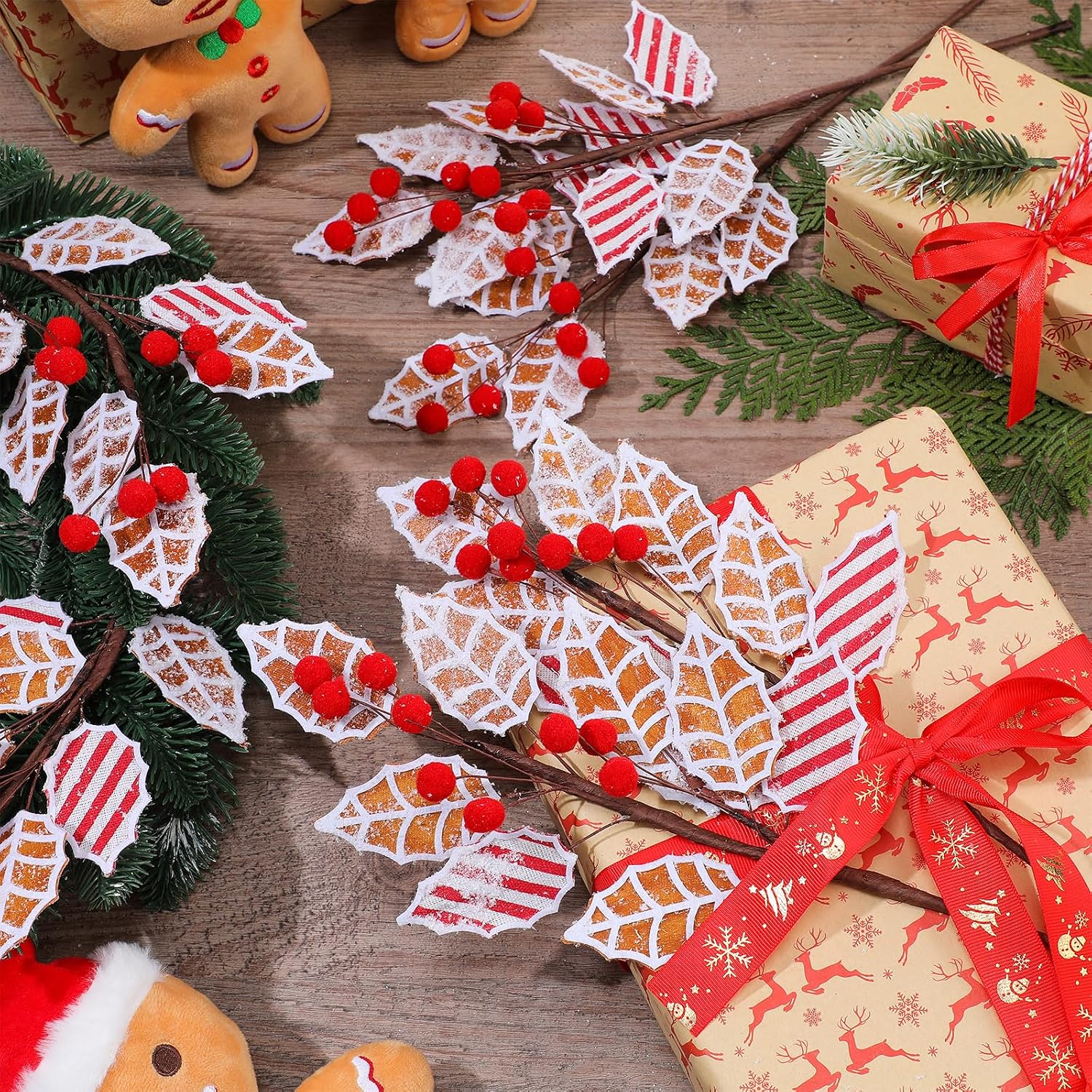 Sosation 6 Pcs 17 Inch Gingerbread Christmas Decorations Gingerbread Tree Topper Picks and Leaf Spray with Red Berries Brown Christmas Tree Picks with Snowflakes for Holiday Wreath Decor Topper Home