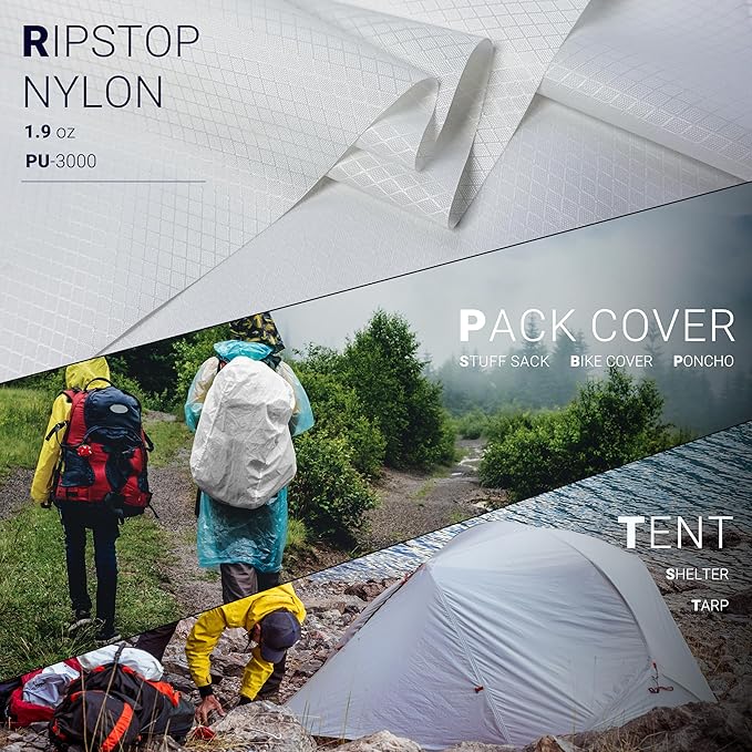 emma kites White Ripstop Nylon PU3000 Waterproof 1.9 oz 70D Diamond Grid Tear Resistant for Tent Rainfly Rain Kilt Poncho Dry Bag Backpack Bike Cover (Selvedge Removed) Pre-Cut 3 Yard