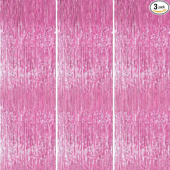 PartyWoo Pink Streamers Tinsel Backdrop Curtain 3pcs 8.2ft Foil Fringe Curtain for Baby Shower Bridal Shower Wedding Pink Cheetah Princess Girl Pajama Theme Birthday Party Celebration Decorations