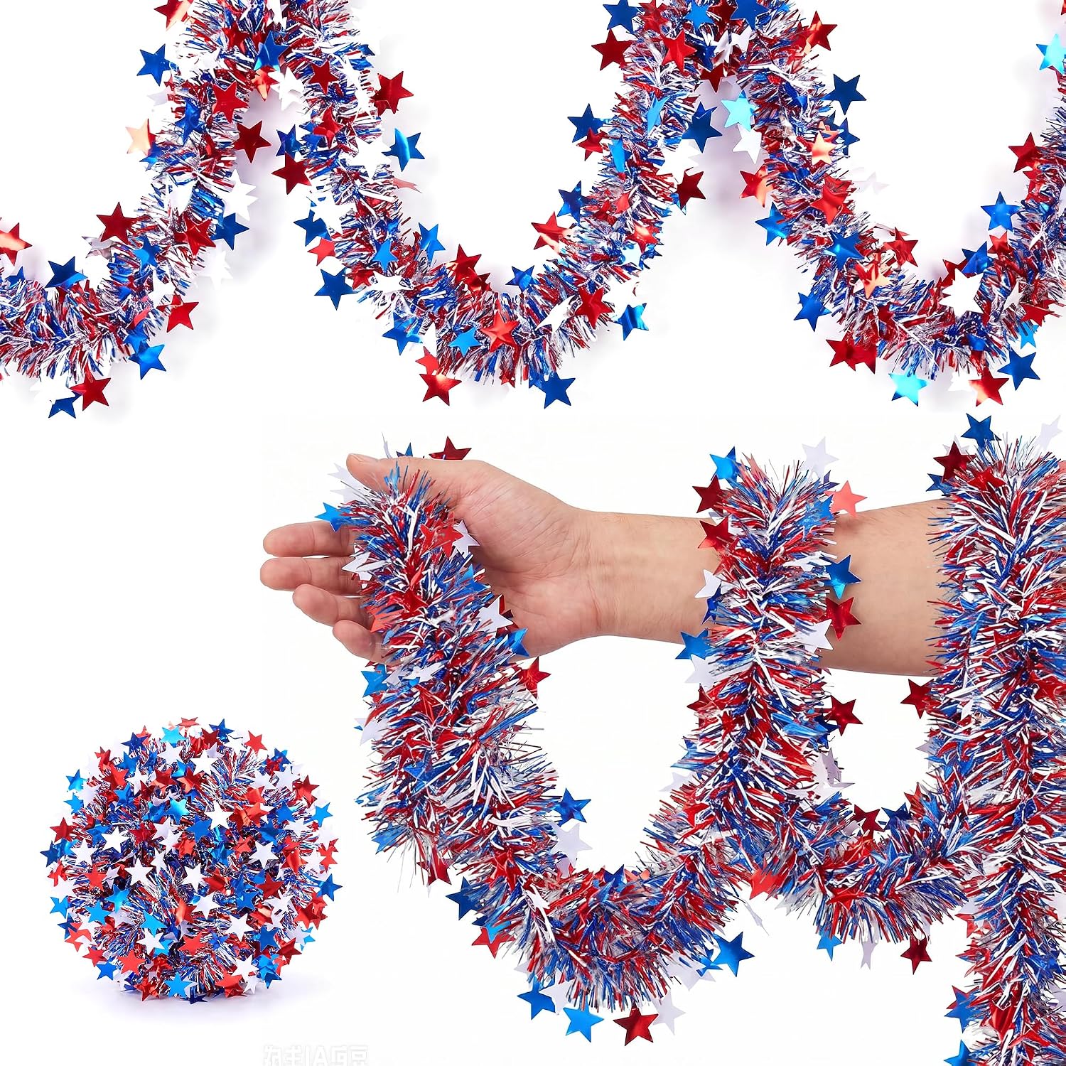50ft Patriotic Star Tinsel Garland, Tinsel Banner for USA 250th Anniversary July 4th Decorations
